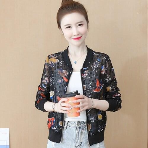 #5321 Beige Black Summer Jacket Women Perspective Suncreen Beach Jacket Ladies Thin Floral Printed See Through Jacket Zipper