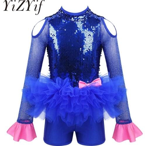 Girls Sequins Jazz Ballet Dance Costume Leotards Jumpsuit Shiny Tulle Long Sleeves Cutout Bowknot Ballet Tutu Dress Jazz Costume