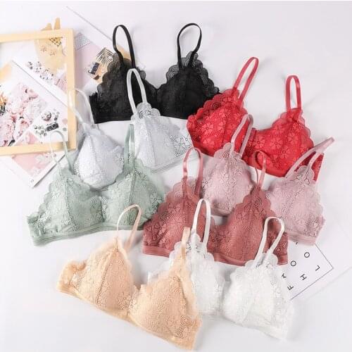 Linbaiway Women Floral Lace Bra Underwear Triangle Cup Lingerie Bralette Deep V-neck Tank Wireless Brassiere Sexy Push up Bras