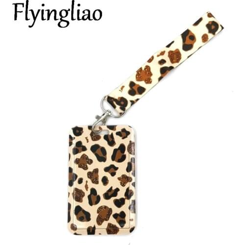 Leopard Pattern Credit Card ID Holder Bag Student Women Travel Bank Business Card Cover Badge Accessories Gifts Lanyard Straps