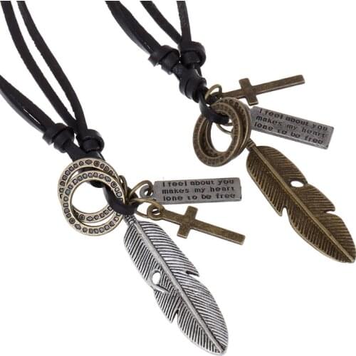 CIBOCIBO Luxury Cross Necklace Men 2021 Feather Rope Chain Leather Men Necklace Vintage Brand Designer Retro Fashion Collares