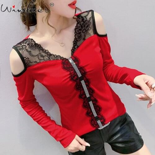 DA 2021 Spring Fall Korean Style T-Shirt Girl Chic Sexy Off Shoulder Patchwork Mesh Lace Cotton Women Tops Shiny Diamonds Tees