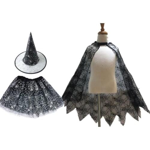 Kids Girls Children Halloween Spider Web Cloak Skirt Hat Witch Magic Wands Costume Fancy Dress Set Role Play Party Festival
