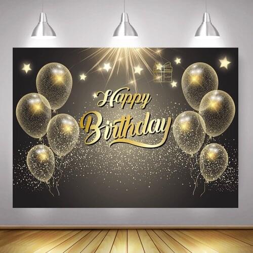 Adult Happy Birthday Party Banner Background Decoration Black and Gold Balloons Birthday Backdrop Photography Custom Backdrops