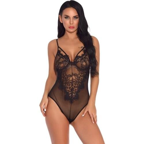 Women Sexy Transparent Bodysuits Summer Solid Color Deep V-neck Lace Print Sleeveless Slim Bodysuit Sling Jumpsuit