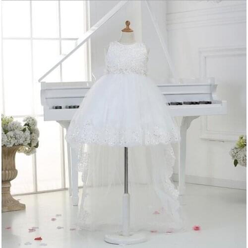 White Chiffon Flower Girls Dresses For Wedding Gowns Trailing Bead Appliques Lace Girl Birthday Dress Tulle Pageant Dresses