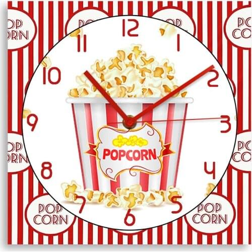 Popcorn Square Wall Clock Home Movie Theater Snacks Treats Candy Wall Art Cinema Colorful Print Silent Non Ticking Wall Watch