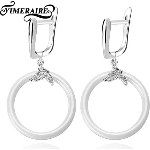 Fashion Classic Hanging Ceramic Earrings Elegant Black White Round Zircon Stainless Steel Jewelry For Women Wedding Engagement
