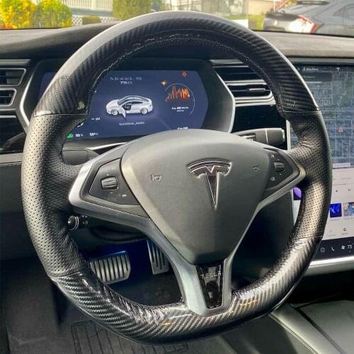 For Tesla Model X/S Carbon Fiber&PU Leather Steering Wheel Stitch on Wrap Cover
