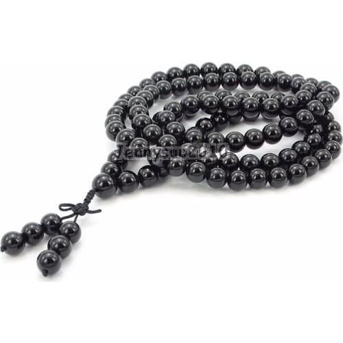 Natural Black Obsidian 10mm Gems Stone Buddhist 108 Bead Prayer Mala Long Necklace Multi-Purpose 5Strands/Pack