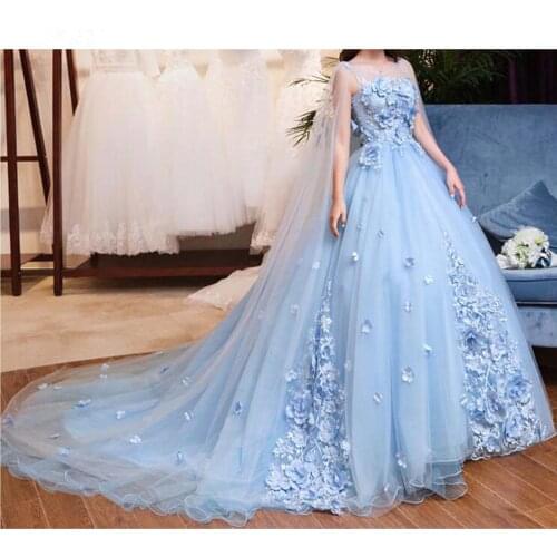 Princess Sky Blue 3D Flower Evening Dresses With tulle Cloak Lace Beaded Lush Ball Gowns Saudi Arabic Floral Evening Gowns