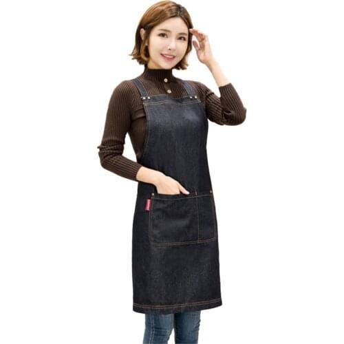 New Black Apron Kitchen Denim BBQ Cleaning Cross Strap Apron Bartender Cowboy Antifouling Chef Pinafore Delantal Tablier