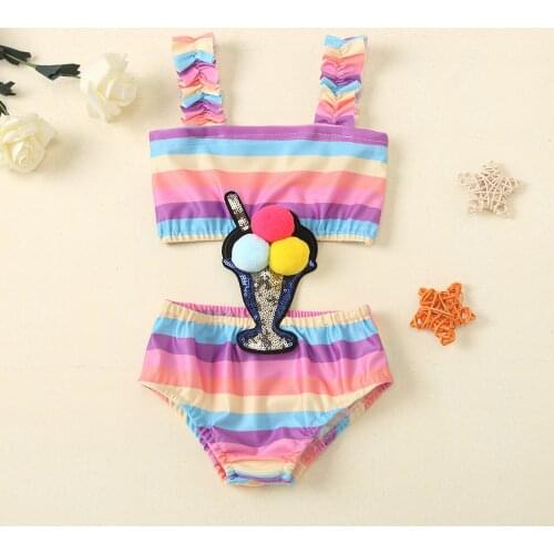1-5T Baby Girl Cute Swimsuit Fairytale Rainbow Striped Jumpsuit Sleeveless Tank Top Round Neck Suspender Beach Ruffled Swimsuit