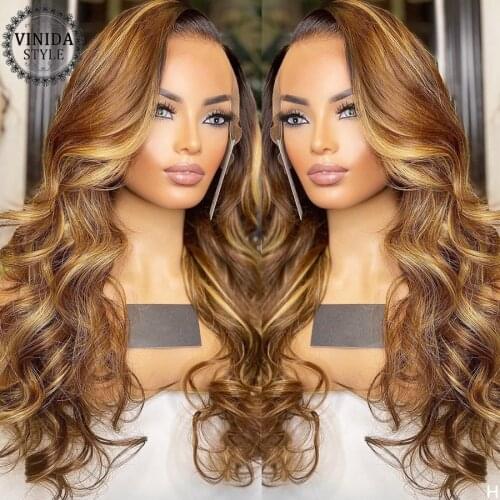 VINIDA STYLE Highlight Wave 13x4 Lace Front Human Hair Wigs 180 Density Brazilian Pre-Plucked With Baby Hair For Women