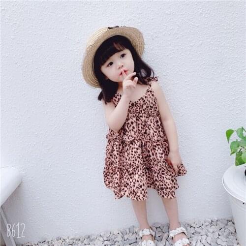 Lovely Toddler Casual Slip Dress, Summer Girls Sleeveless Leopard Print V-Neck One-piece Ruffled Sundress 3-8Years