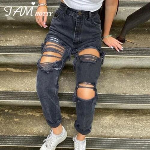 Hollow Out Ripped Straight Jeans Women Black Punk Baggy High Waist Mom Boyfriend Denim 90s Korean Oversize Street Pants Iamhotty