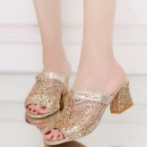 Woman Summer Sandals Gold Open Toe Sandal Lace Dress Shoes Womens High Heels Sandals Square Heeled Pumps Ladies Shoes