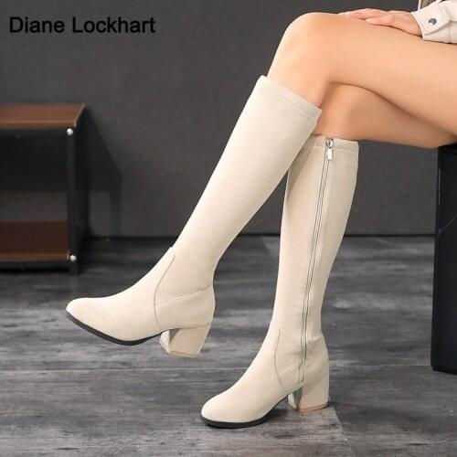 2021 Autumn Winter Block High Heels Boots Beige Black Women Shoes Long Knight Ride Zip Knee High Boots Female Shoe Size 34-43