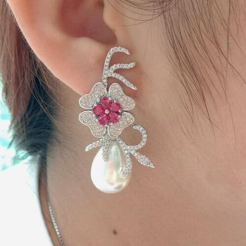 Teardrop White Sea Shell Pearl red Cubic Zirconia micro pave Pave Flower Stud Earrings for Women Famous Brand Earrings