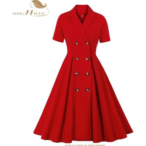 SISHION Vintage Party Women Dress VD1746 50s 60s Suit Collar Elegant Red Dresses