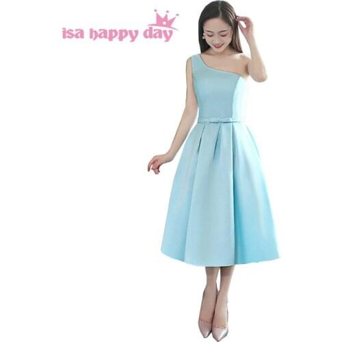One shoulder light blue tea length bridesmaid dress adult country bridal party dresses ball gown wedding new arrival 2020 H4232