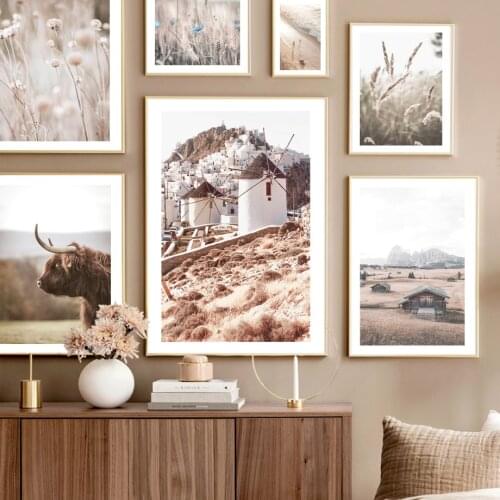 Windmill House Meadow Cow Dried Flowers Beach Bridge Wall Art Print Canvas Painting Nordic Poster Decor Picture For Living Room