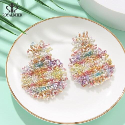 Royalbeier Women Handwoven bohemian Bead Drop Earrings Vintage Gradient Color Circle Earrings New Fashion Jewelry Bikini Charms