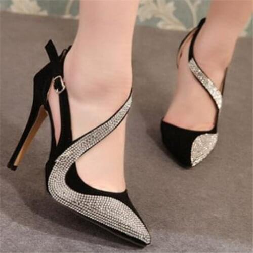 Women sandals Flock Buckle Strap 11cm Thin Heels High heels Pointed Toe Bling Cover Heel women shoes sandalias mujer 2020