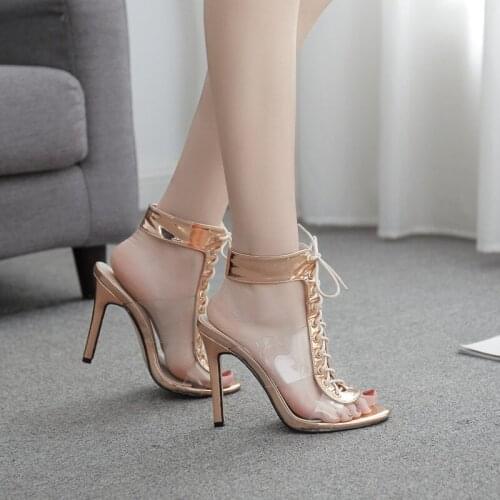 Women Lace-Up Ankle Boots Sandal Open Toe Botas Mujer Gladiator High Heels Booties Fashion Bling Transparent Chunky Heel