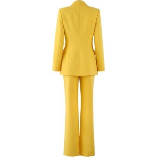 2020 Yellow Trousers Blazer 2 Piece Suits Women Casual Office Lady Double Breasted Long Sleeve Pants Suits Two Piece Set Clothes