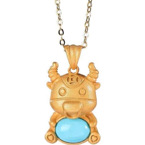 S925 sterling silver gold plated Natural turquoise National tide Personality Chinese zodiac cow Womens Retro silver pendant