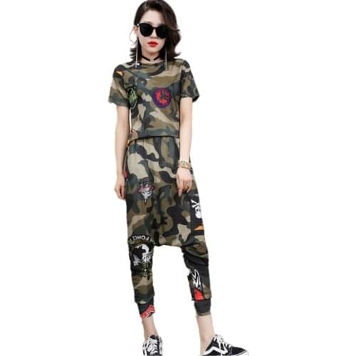 Breathable Mesh camouflage printing Tops and Cropped trousers Plus Size 2 Piece Set Women Tracksuit Short Sleeve Tee Shirt