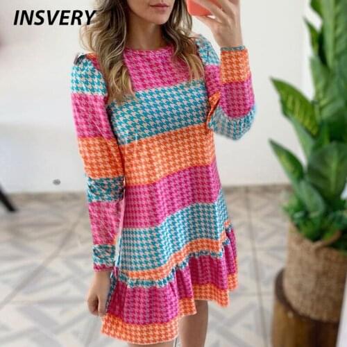 Sexy Vintage Print Mini Dress Casual Harajuku O Neck Ruffle Design Loose Dress Women Autumn Loose Long Sleeve Party Dress 2021