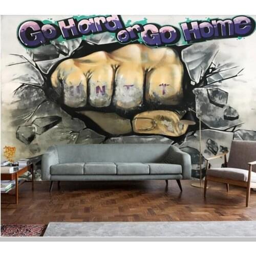 Papel de parede 3d stereo fist breaking through the wall hand-painted gym sport wallpaper,bedroom bar mural wall decor