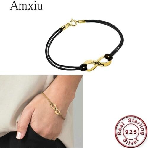 Amxiu Custom Names Bracelets 925 Sterling Silver Bowknot Bracelet Bangle Personalized Leather Bracelet For Women Men Jewelry