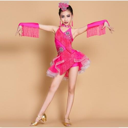 Children Professional Latin Dance Dress for Compeitition Tassel Girls Latin Dance Skirt Paillette Standard Ballroom Dance Dress