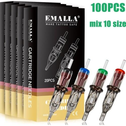 EMALLA 100PCS Gray Tattoo Cartridge Needle RL/RS/M1/RM Permanent Eyebrow Lip Makeup Cartridge Needles foTattoo Pen Machine