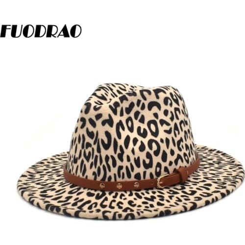 FUODRAO Fashion Women Wool Felt Fedora Leopard Jazz Hat Men Beige Wide Brim Fedora Vintage Panama Trilby Caps With Belt F145
