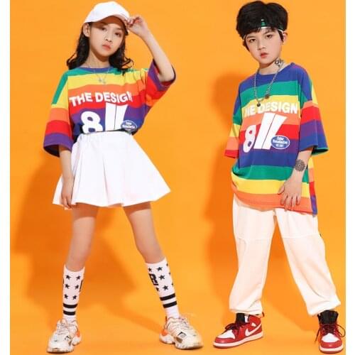 Kid Hip Hop Clothing Striped Oversized T Shirt Top White Streetwear Pants Skirt Mini for Girl Boy Jazz Dance Costume Set Clothes