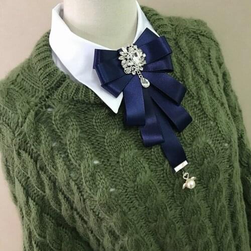 2021 British Women Wedding Party Neck Collar Shirt Bow Tie Cravat Lady Girl Bling Rhinestone Crystal Clip Pin Chic Ribbon Bowtie