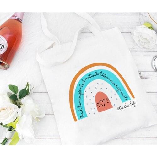 Teacher Rainbow Leopard Print Canvas Shopping Bag Bookbag Reusable Large Capacity Gift for Teachers Fashion Women Shoulder Bags