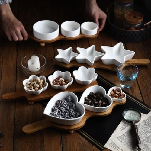 Nordic Art Ceramic Fruit Grid Platter with Wooden Tray Living Room Dried Fruit Candy Plate Afternoon Tea Dessert Melon Seed Dish