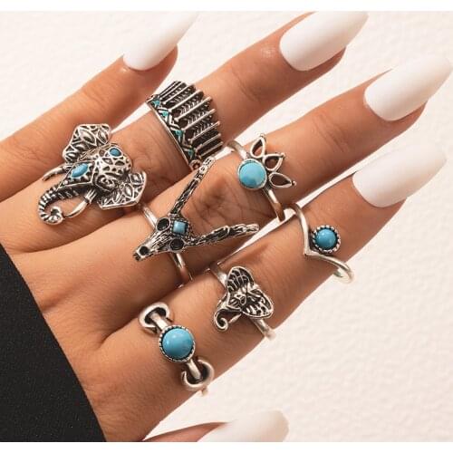 Tocona 7pcs/set Vintage Silver Color Elephant Moon Rings for Women Men Blue Crystal Stone Flowers Leaf Animal Jewelry кольца