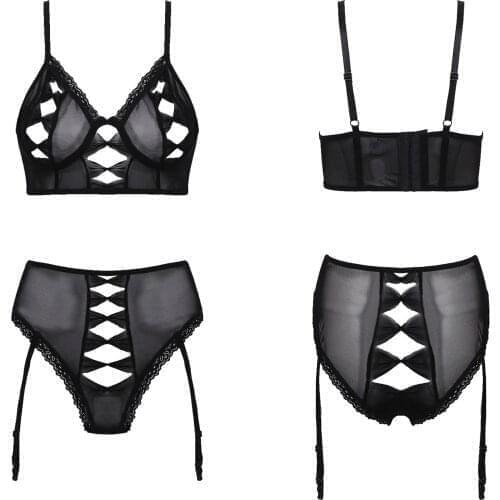 Sexy Lingerie for Women Hollow Out Bra Set See-through Mesh Lace Bras Underwear Underwire Unlined Bra Tops Erotic Garters Briefs