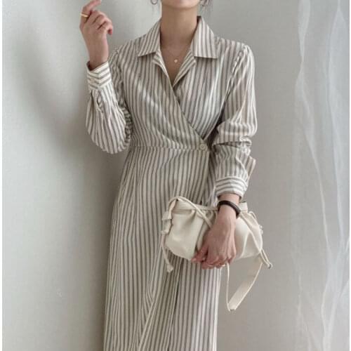Korean Chic Early Autumn New Style French Lapel Side Button Design Casual Long Striped Cotton and Linen Dress Women
