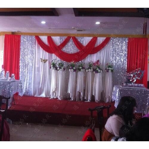 Red Sequin Wedding Stage Curtain 10ft * 20ft Wedding Backdrop with beautiful swag Wedding Decoration