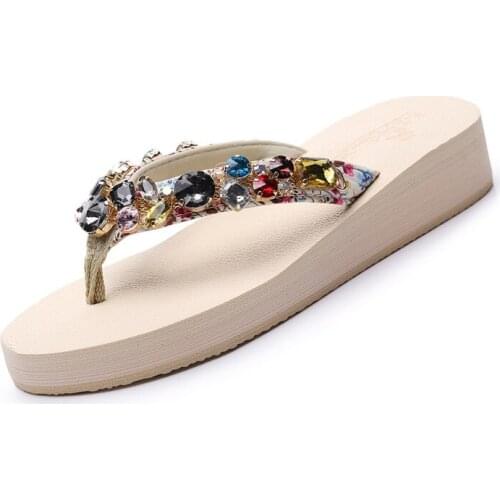 Summer Womens Shoes Wear Slope with Non-Slip Design Personality Rhinestone Sandals Flip Flops Fashion Non-Slip Beach Slippers