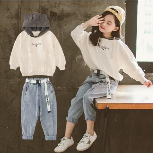 Fashion Girls Fall Outfits Hooded Sweatshirt & Jeans 2pcs Sets Child Boutique Clothing 10 12 Year Teen Clothes set Spring 2020