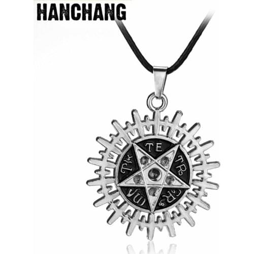 Mens Fashion Jewelry Superntural Five-star Sun Evil Force gear Pendant Necklace Leather Rope Necklace