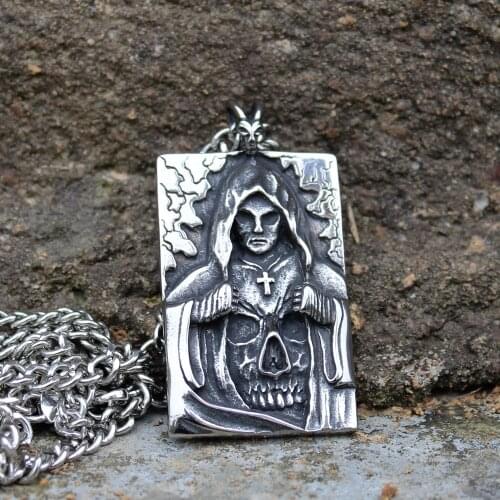 Mens Stainless Steel Death Satan Cross Skeleton Skull Pendant Silver Color Punk Fashion Biker Demon Jewelry